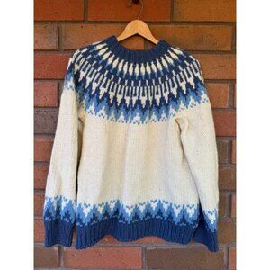 Stobi Nordic Sweater Blue Cream Iceland Pure Wool Chunky Knit Denmark Sz Medium